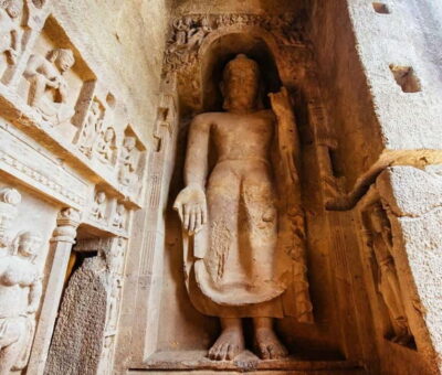 Buddhist Kanheri Caves with Golden Pagoda Temple